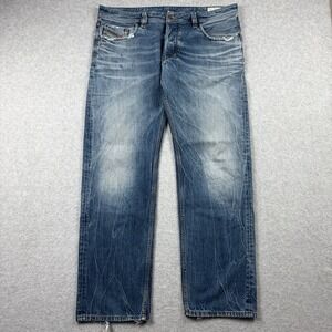 Diesel Jeans Mens 38x32 Blue Larkee Straight Leg Fade Whisker Grunge Distressed